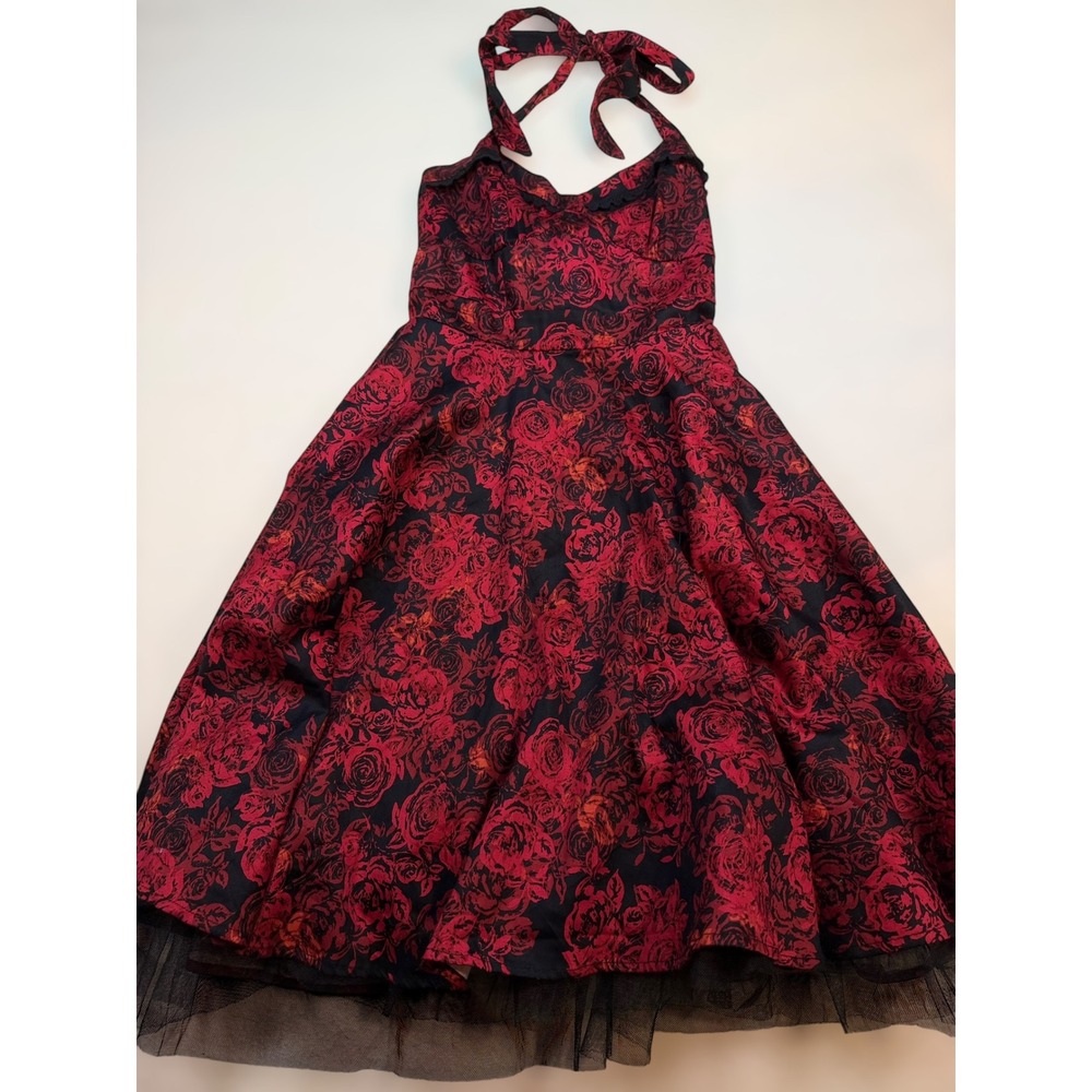 Hot Topic Red Rose Floral Halter Dress Black Tulle Rockabilly Goth‎ Small Pin Up